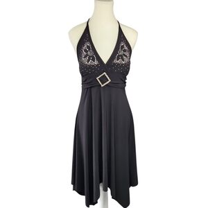 Black Rhinestone Halter Dress Size 6 – Embellished Floral Sparkle Party Cocktail